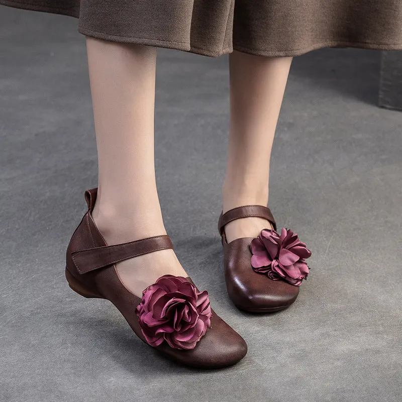 Scarpe casual da donna retrò in morbida pelle con nastro in velcro