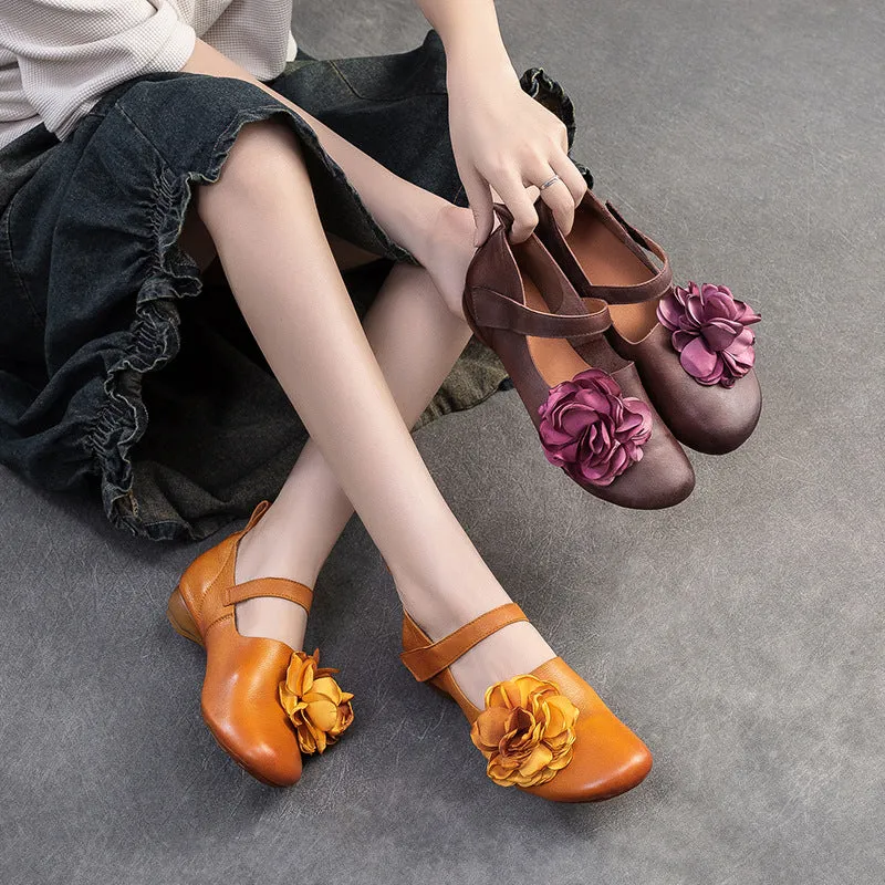 Scarpe casual da donna retrò in morbida pelle con nastro in velcro