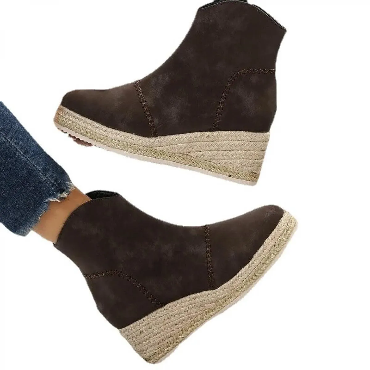 Stivaletti da donna 2022 Moda con zeppa Tacchi alti Punta a punta Vintage Punta tonda Zip Up Slip On Stivaletti Scarpe da donna