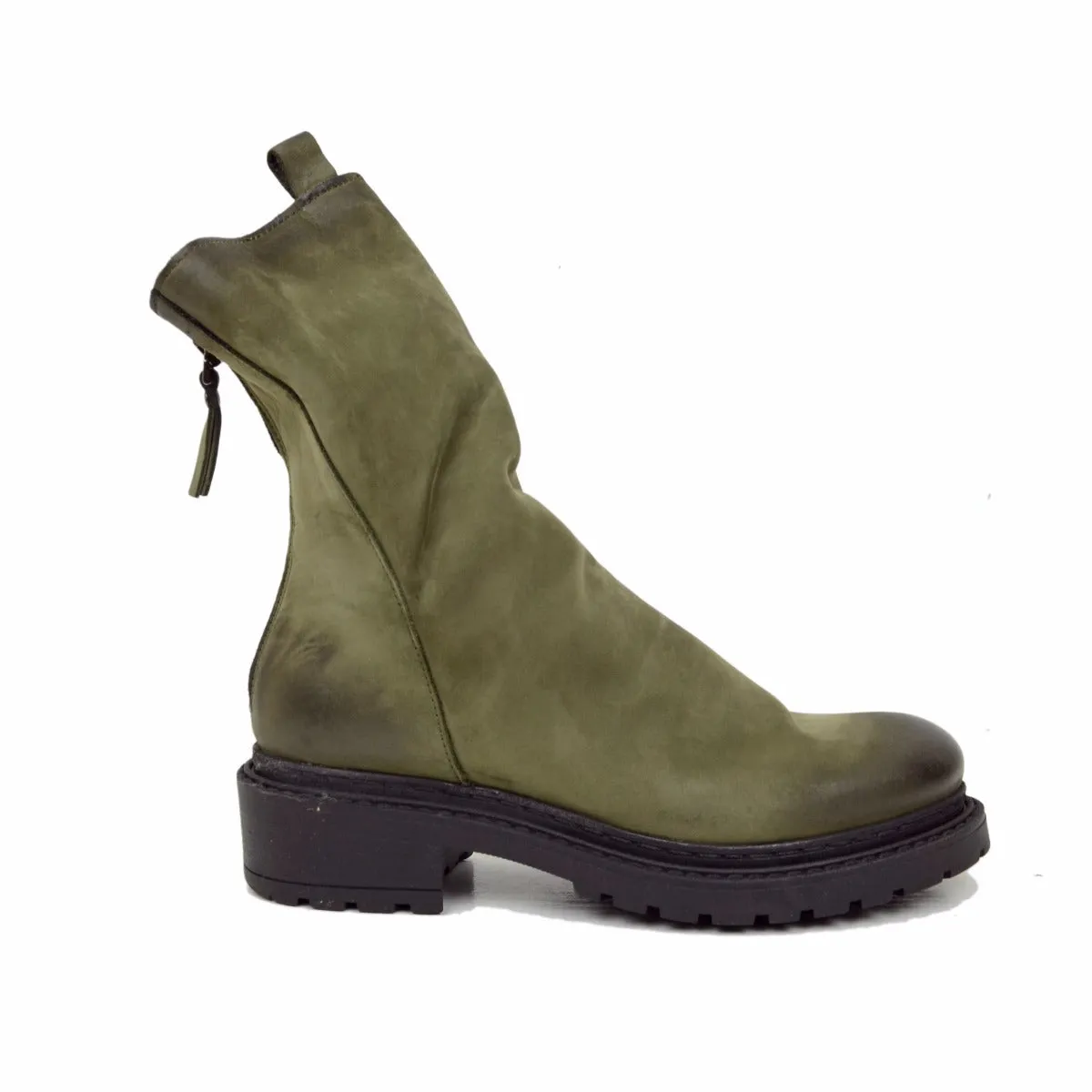Stivaletti Donna Biker con Zip in Pelle Nabuk Verdi Made in Italy