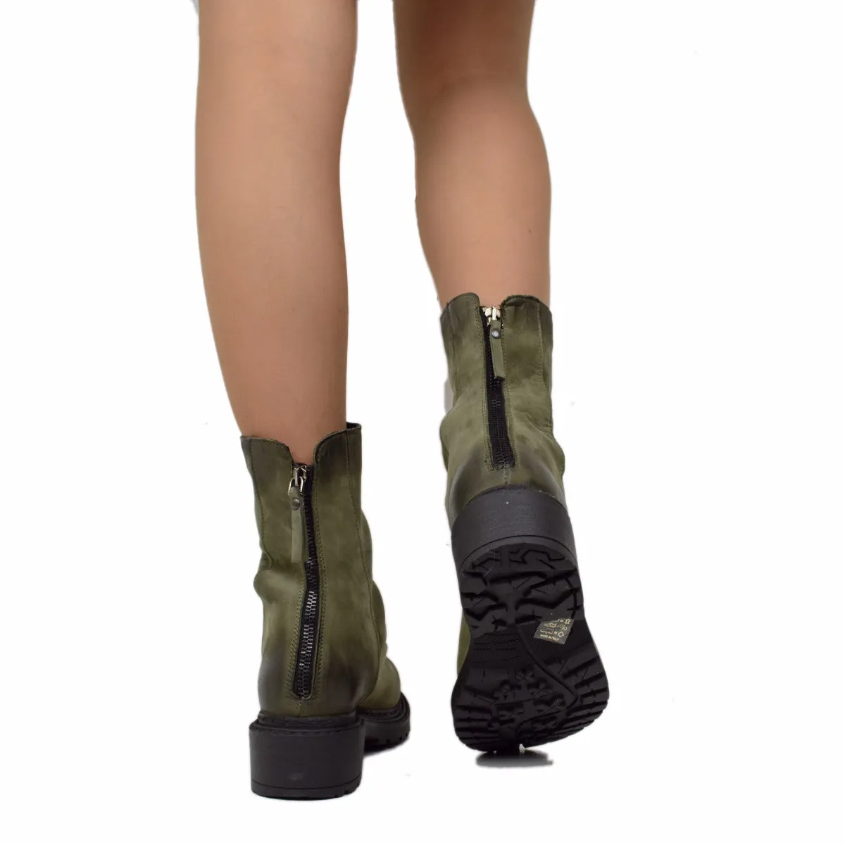 Stivaletti Donna Biker con Zip in Pelle Nabuk Verdi Made in Italy