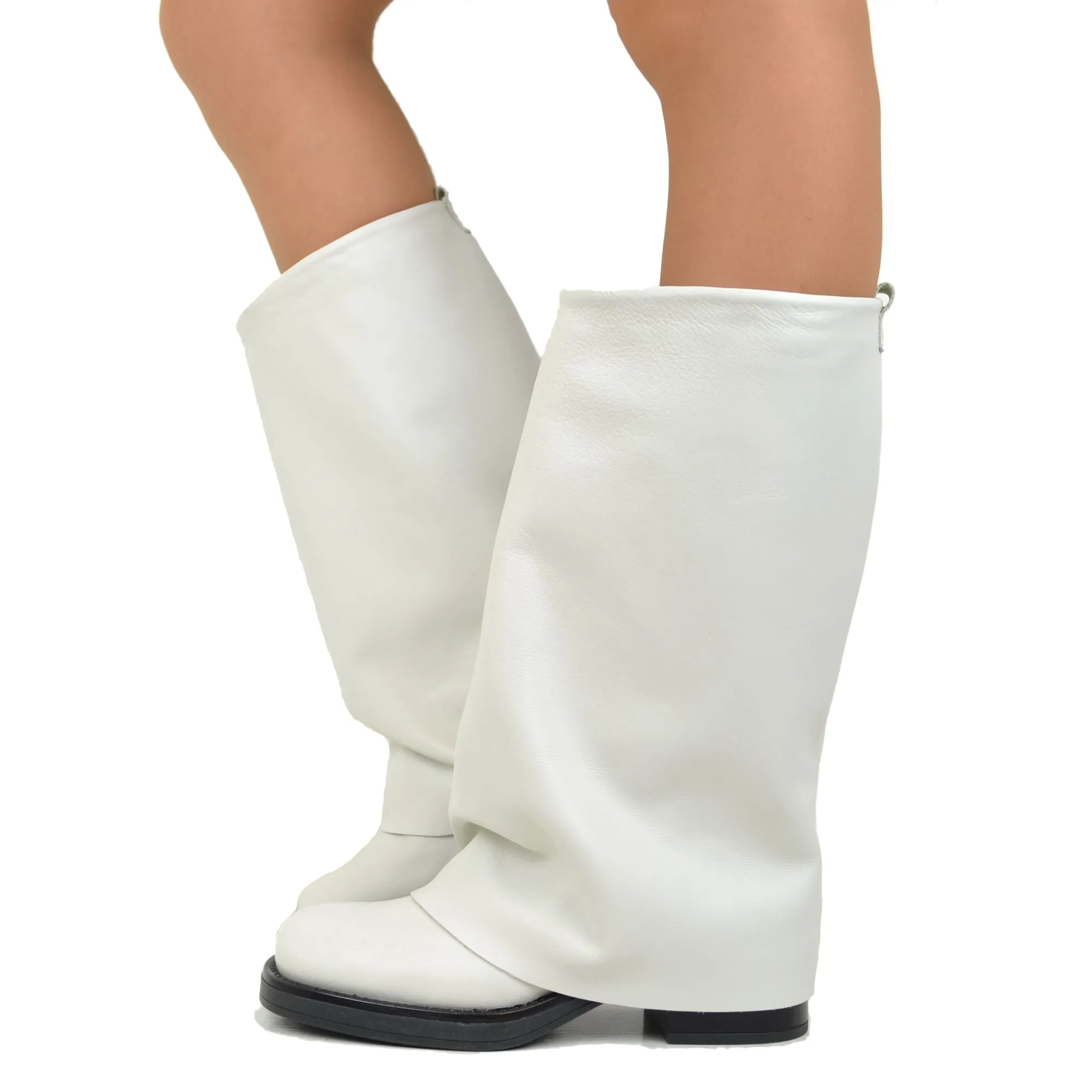 Stivali Biker Donna in Pelle Offwhite con Ghetta Punta Quadrata