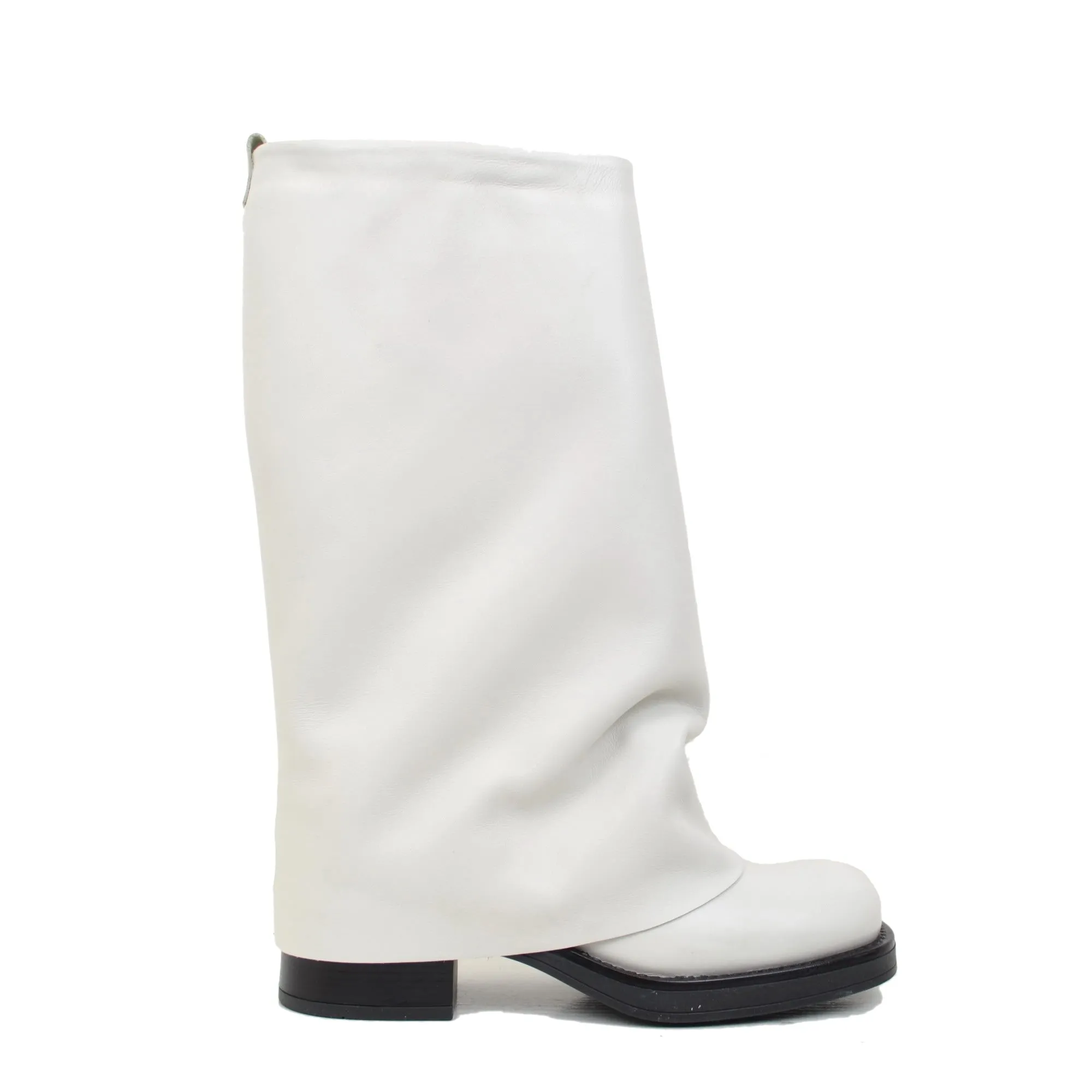 Stivali Biker Donna in Pelle Offwhite con Ghetta Punta Quadrata