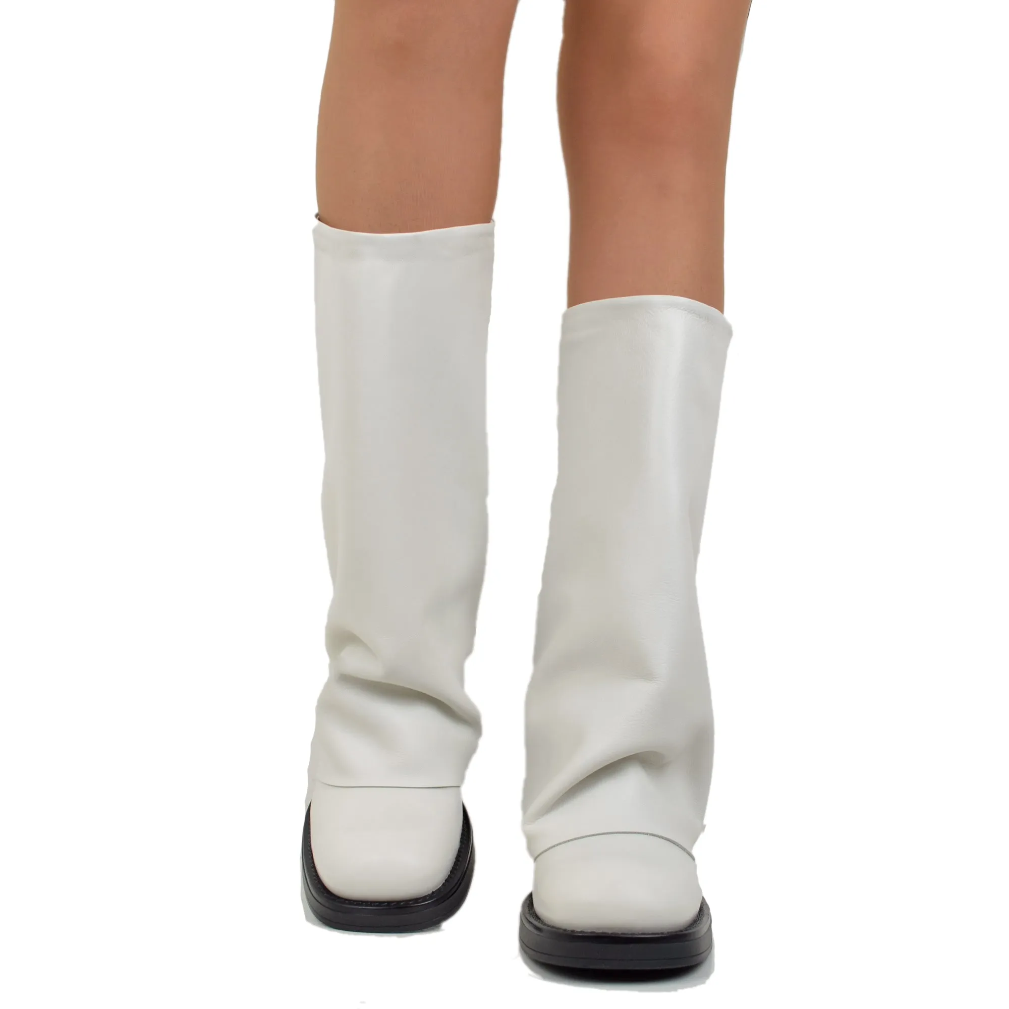 Stivali Biker Donna in Pelle Offwhite con Ghetta Punta Quadrata