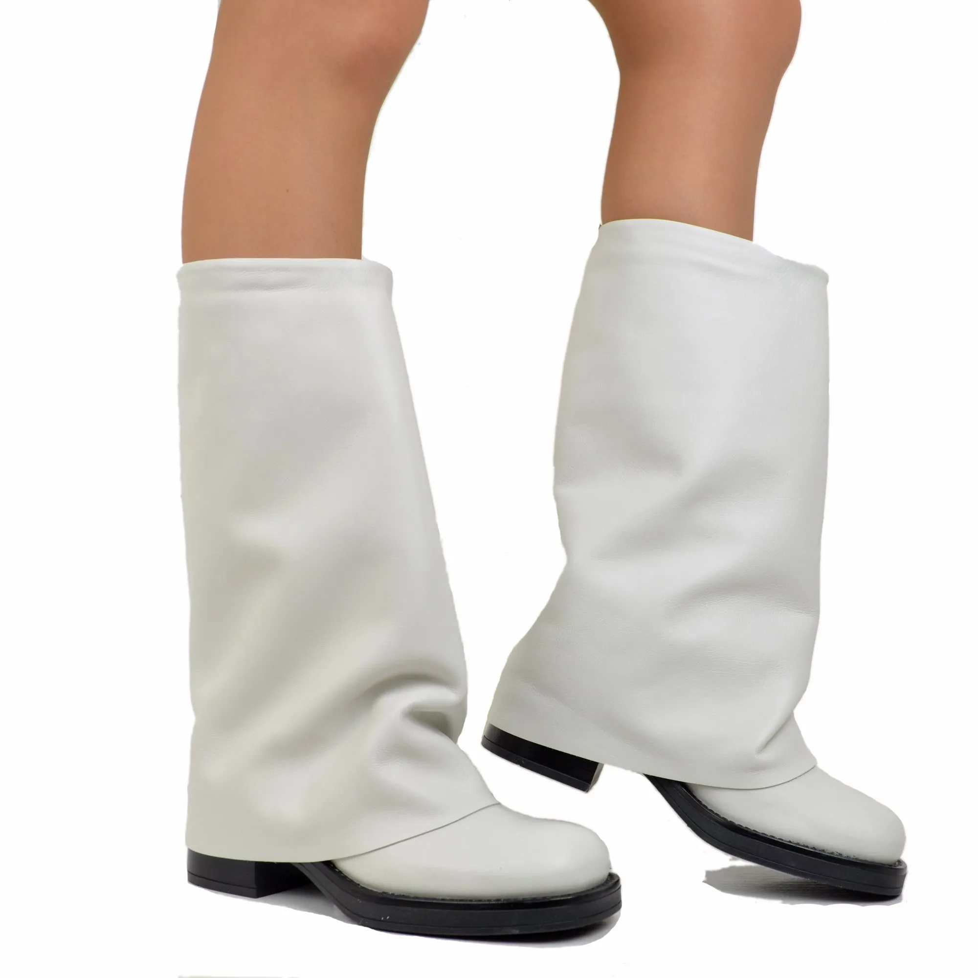 Stivali Biker Donna in Pelle Offwhite con Ghetta Punta Quadrata