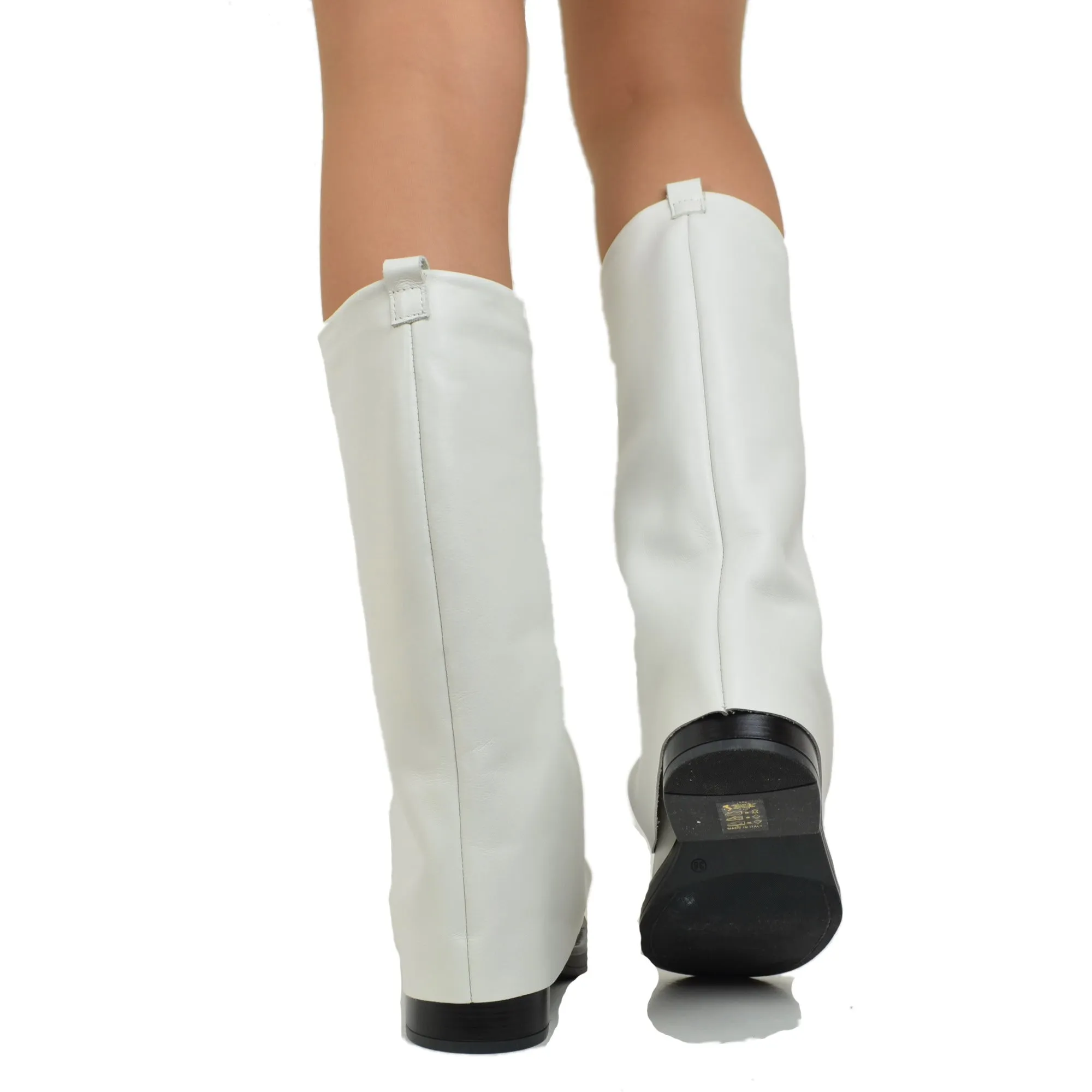 Stivali Biker Donna in Pelle Offwhite con Ghetta Punta Quadrata