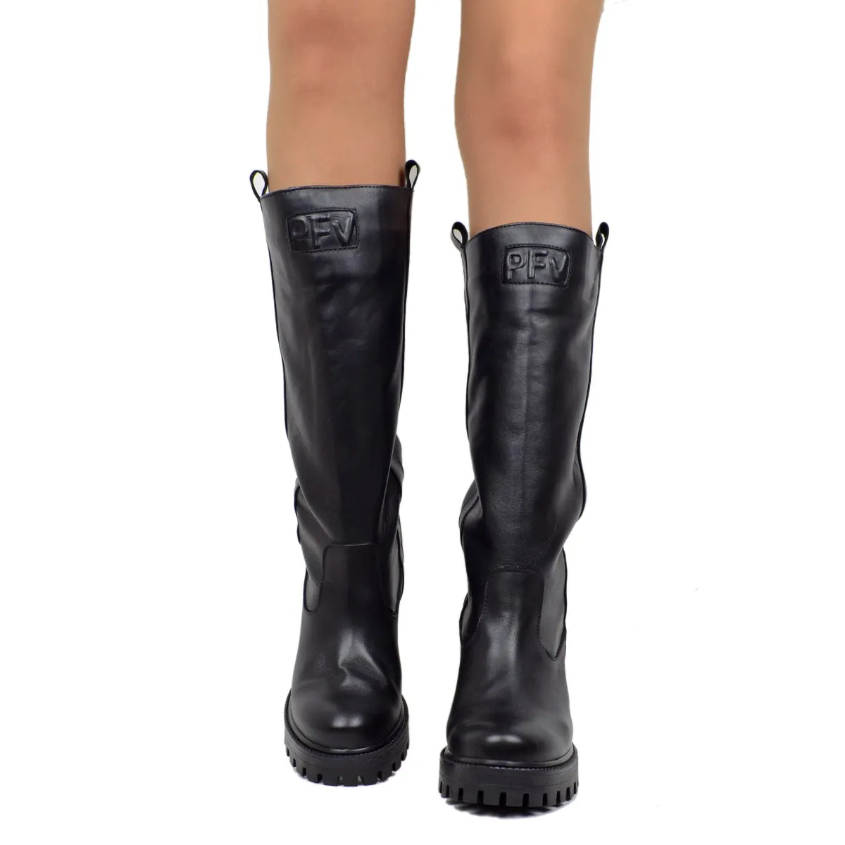 Stivali Biker in Pelle Neri con Fondo Carrarmato Made in Italy