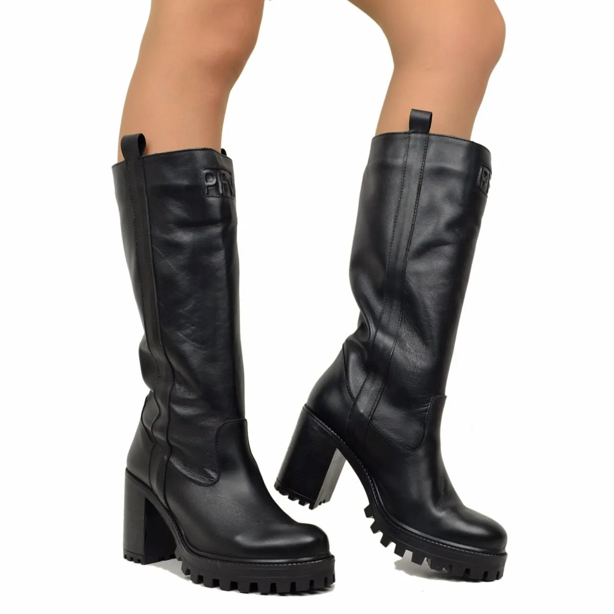 Stivali Biker in Pelle Neri con Fondo Carrarmato Made in Italy