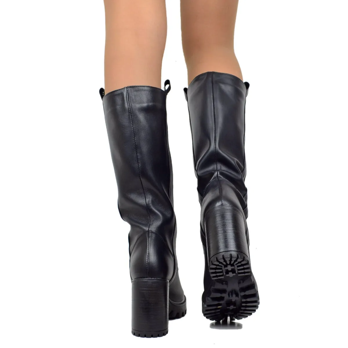 Stivali Biker in Pelle Neri con Fondo Carrarmato Made in Italy