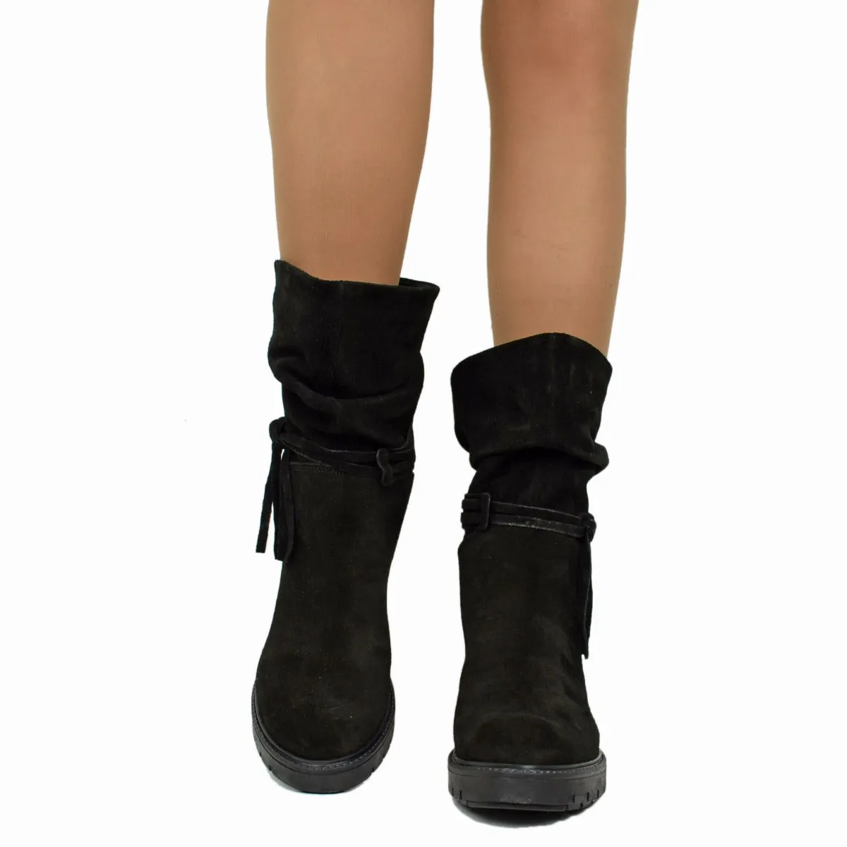 Stivali Donna Biker Made in Italy con Lacci in Pelle Scamosciata