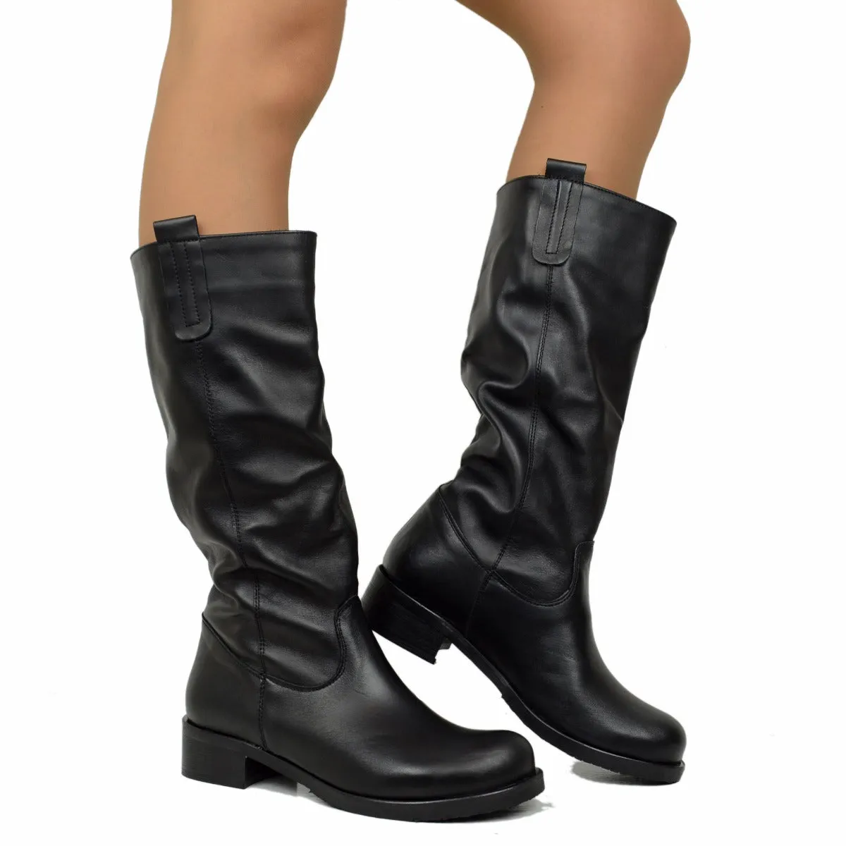 Stivali Donna Biker Neri in Pelle Nabuk Vintage Made in Italy