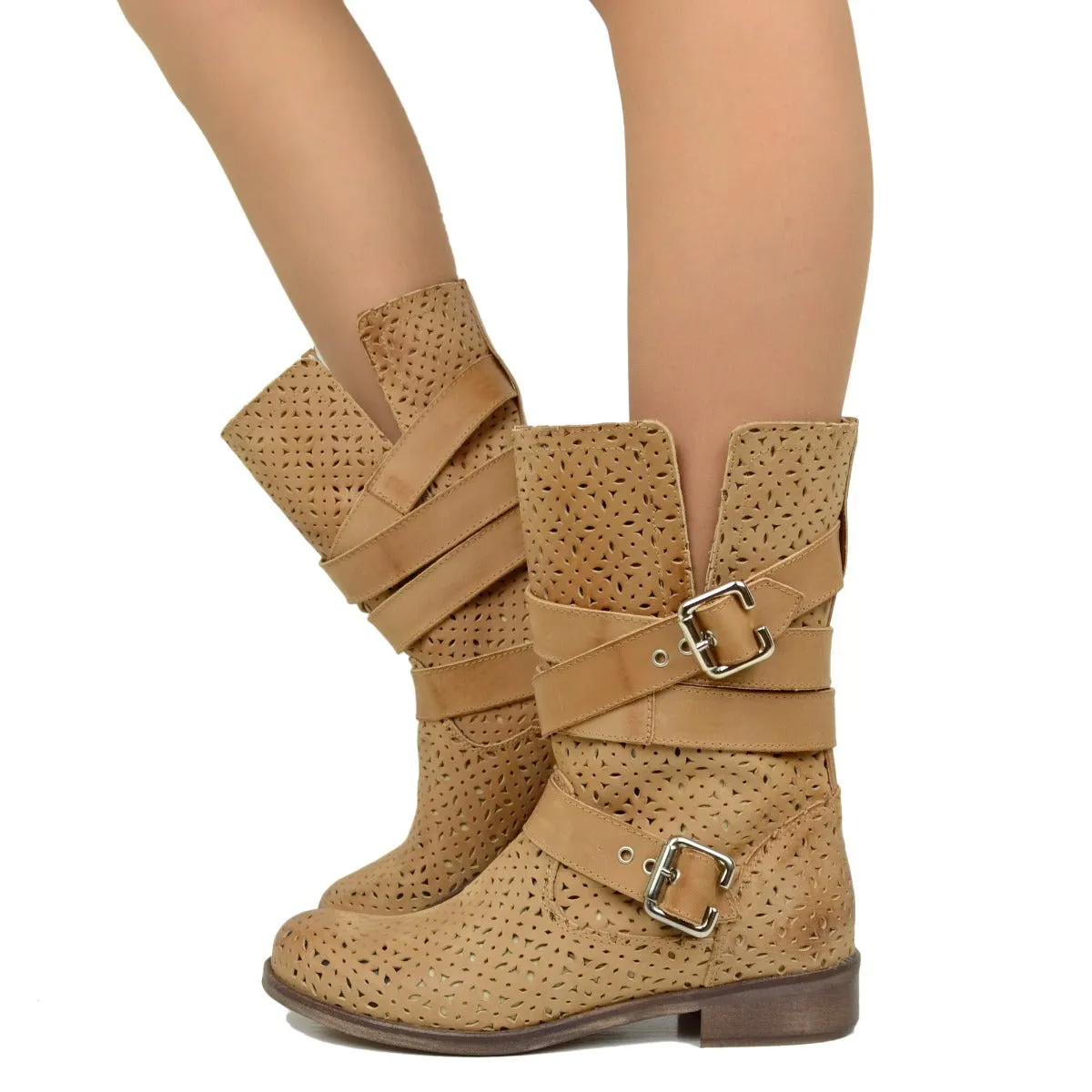 Stivali Donna Biker Traforati in Pelle Nabuk Marroni Made in Italy
