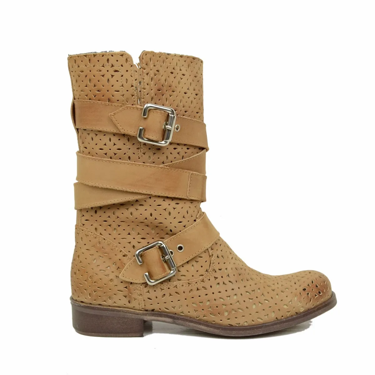 Stivali Donna Biker Traforati in Pelle Nabuk Marroni Made in Italy