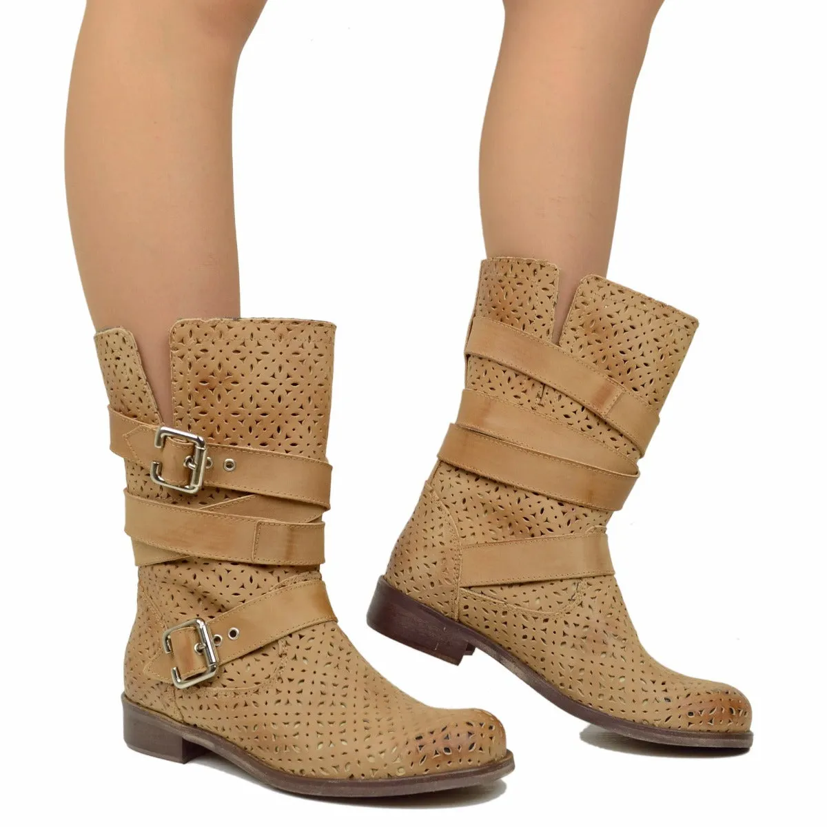 Stivali Donna Biker Traforati in Pelle Nabuk Marroni Made in Italy