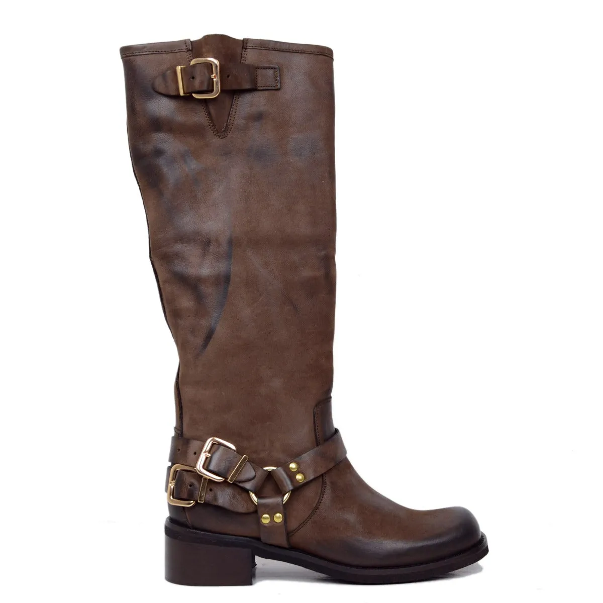 Stivali Donna in Nabuk Testa di Moro con Fibbie Made in Italy