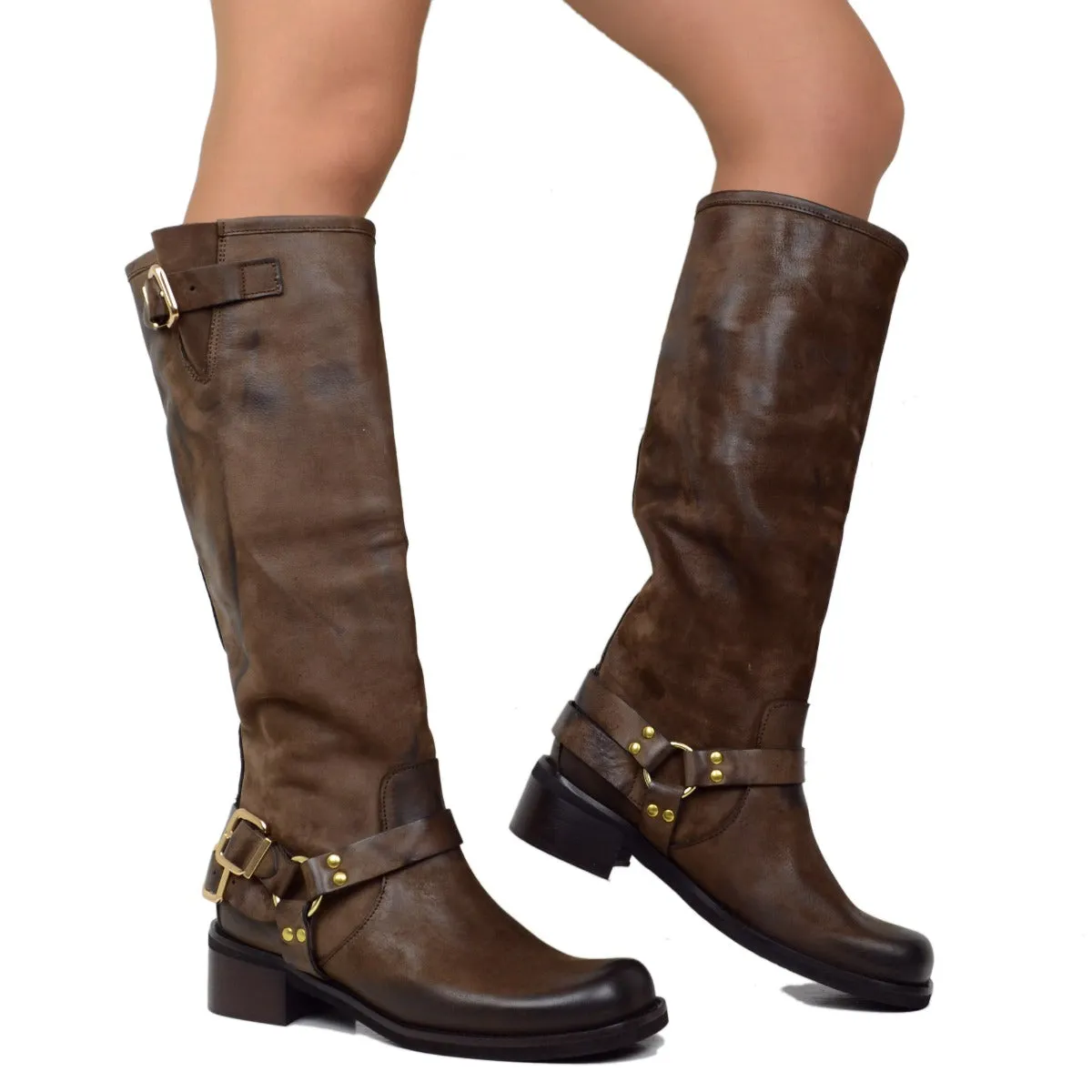 Stivali Donna in Nabuk Testa di Moro con Fibbie Made in Italy