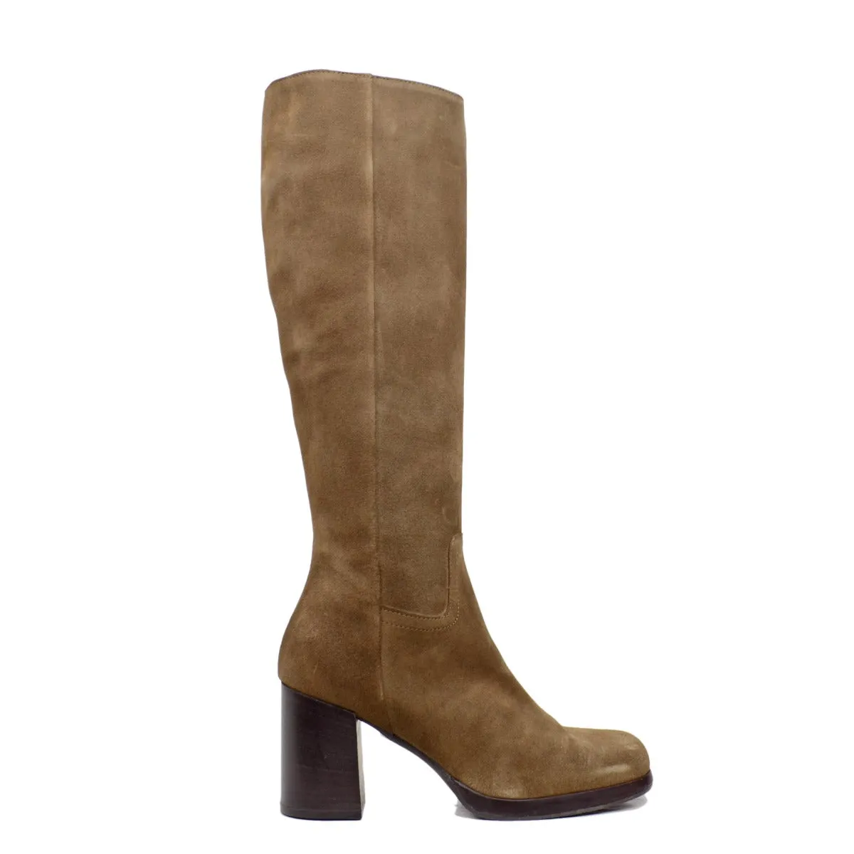 Stivali Donna Punta Squadrata in Pelle Scamosciata Taupe Made in Italy
