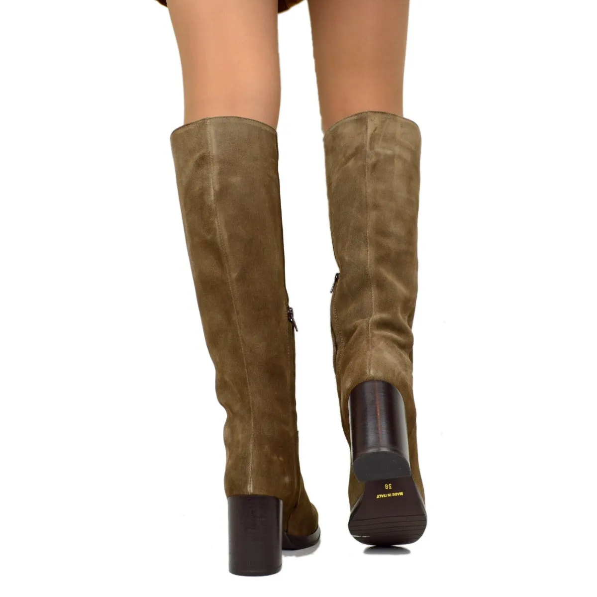 Stivali Donna Punta Squadrata in Pelle Scamosciata Taupe Made in Italy