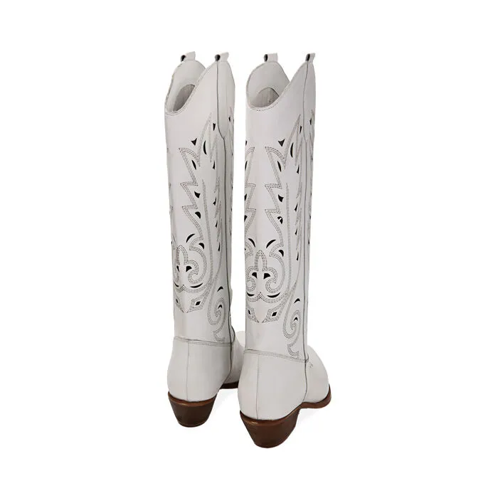 Stivali texani bianchi in pelle, tacco 5,5 cm