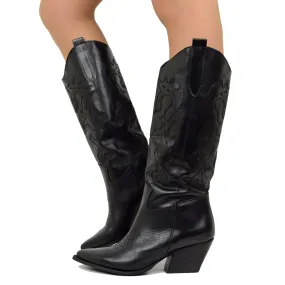 Stivali Texani Donna Neri in Pelle con Ricami Made in Italy