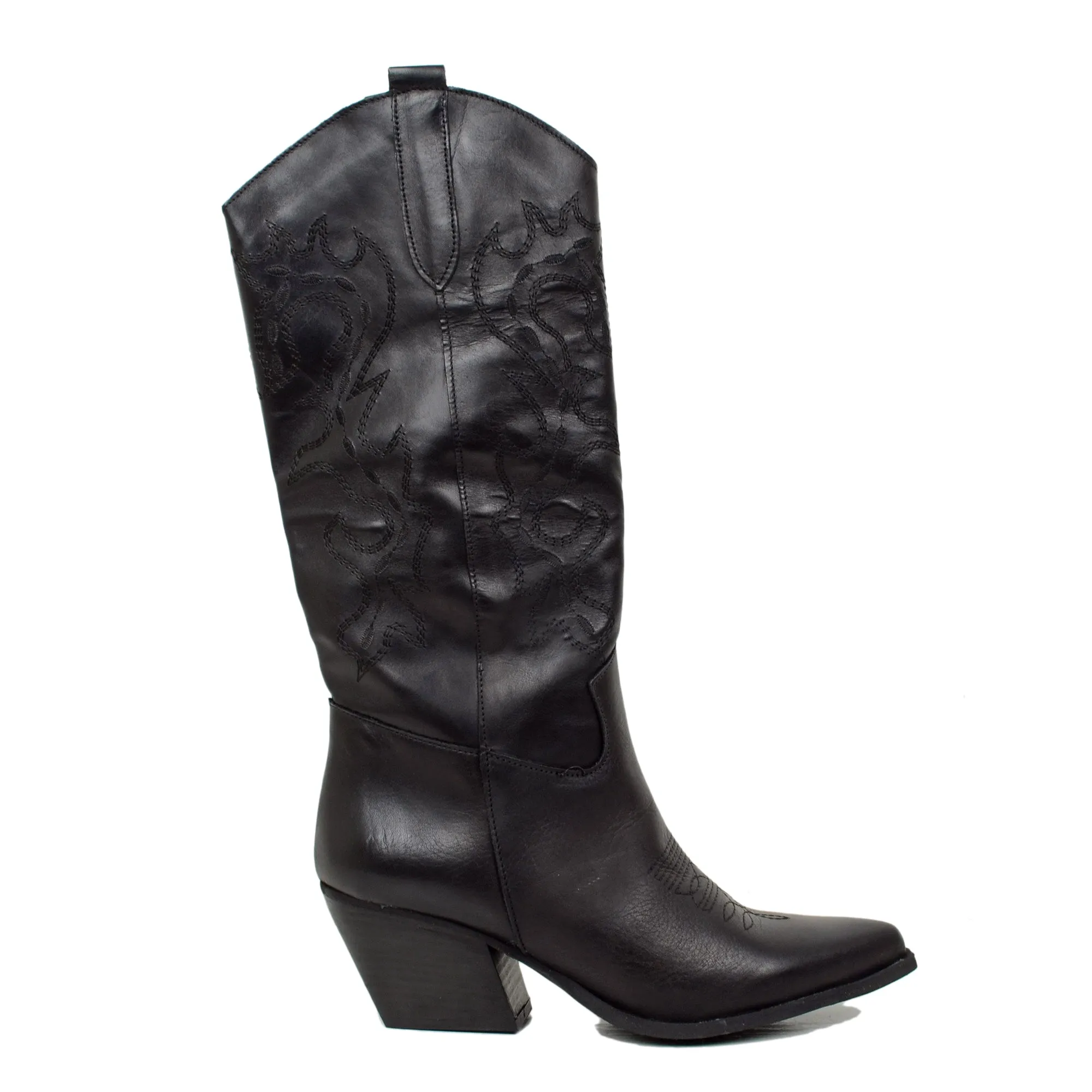 Stivali Texani Donna Neri in Pelle con Ricami Made in Italy