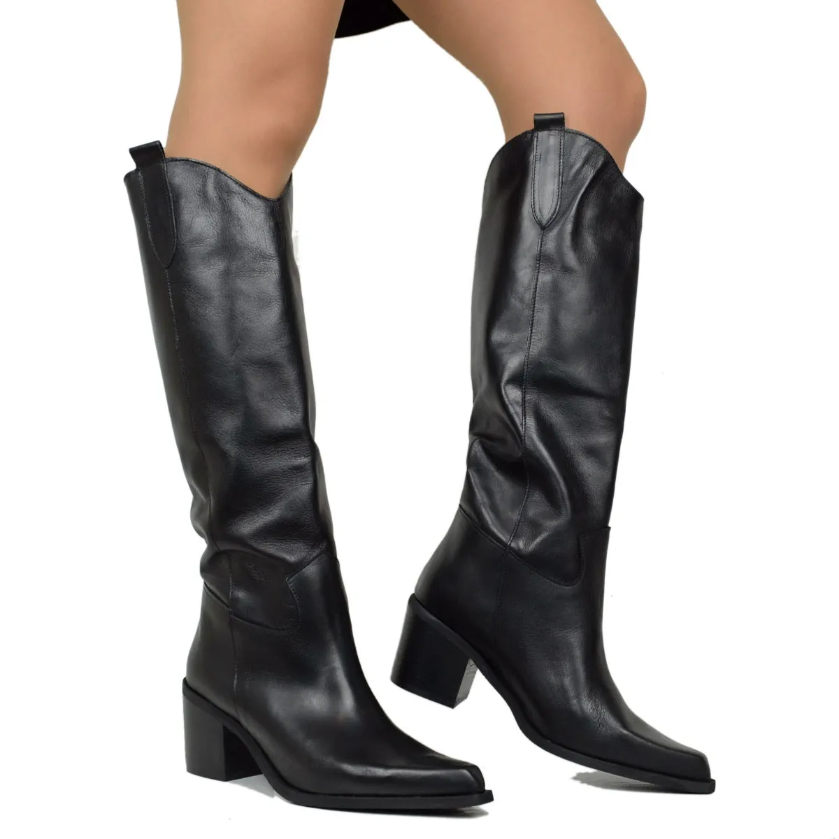 Stivali Texani Donna Neri in Pelle Tacco Largo Made in Italy