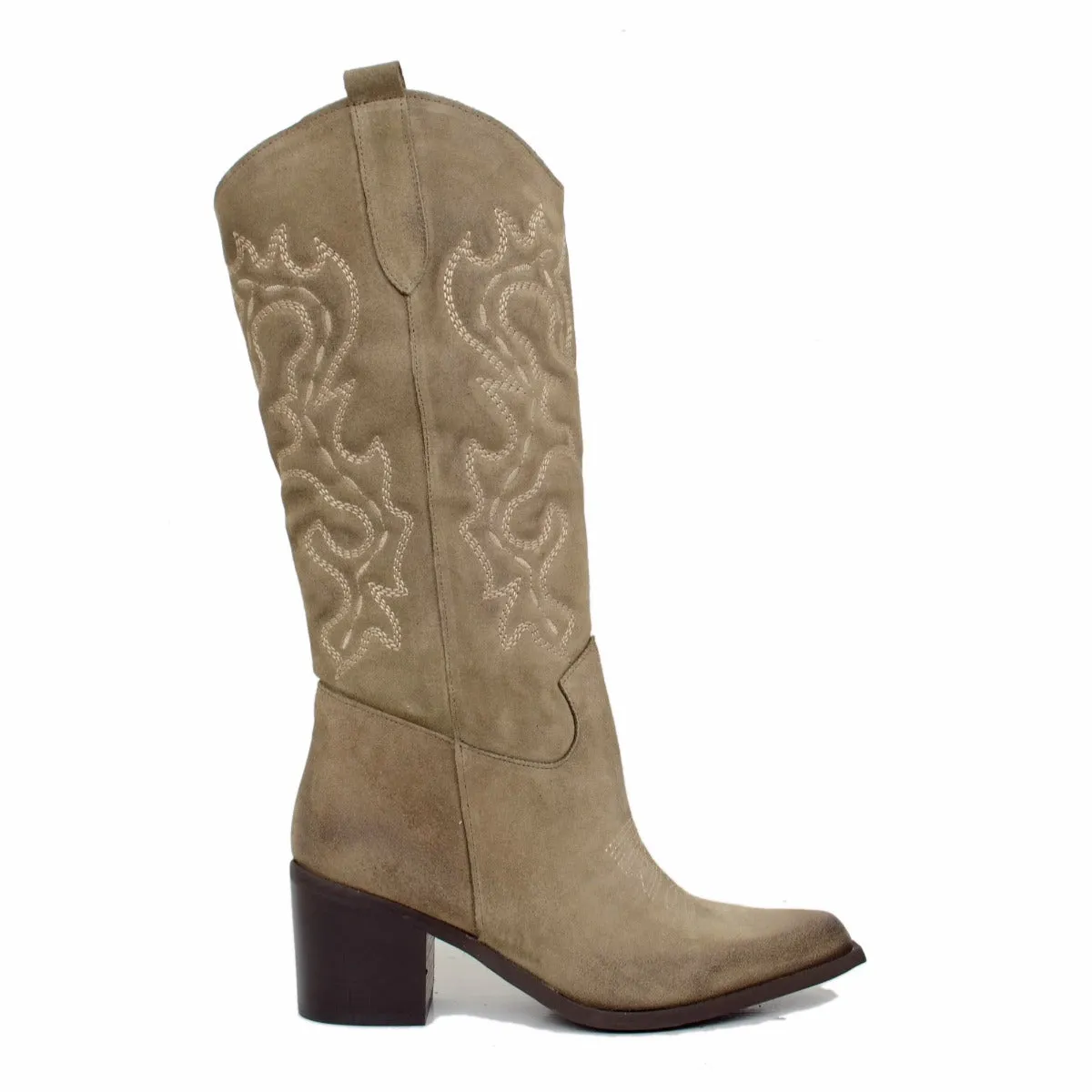 Stivali Texani Donna Taupe in Pelle Scamosciata Tacco Largo