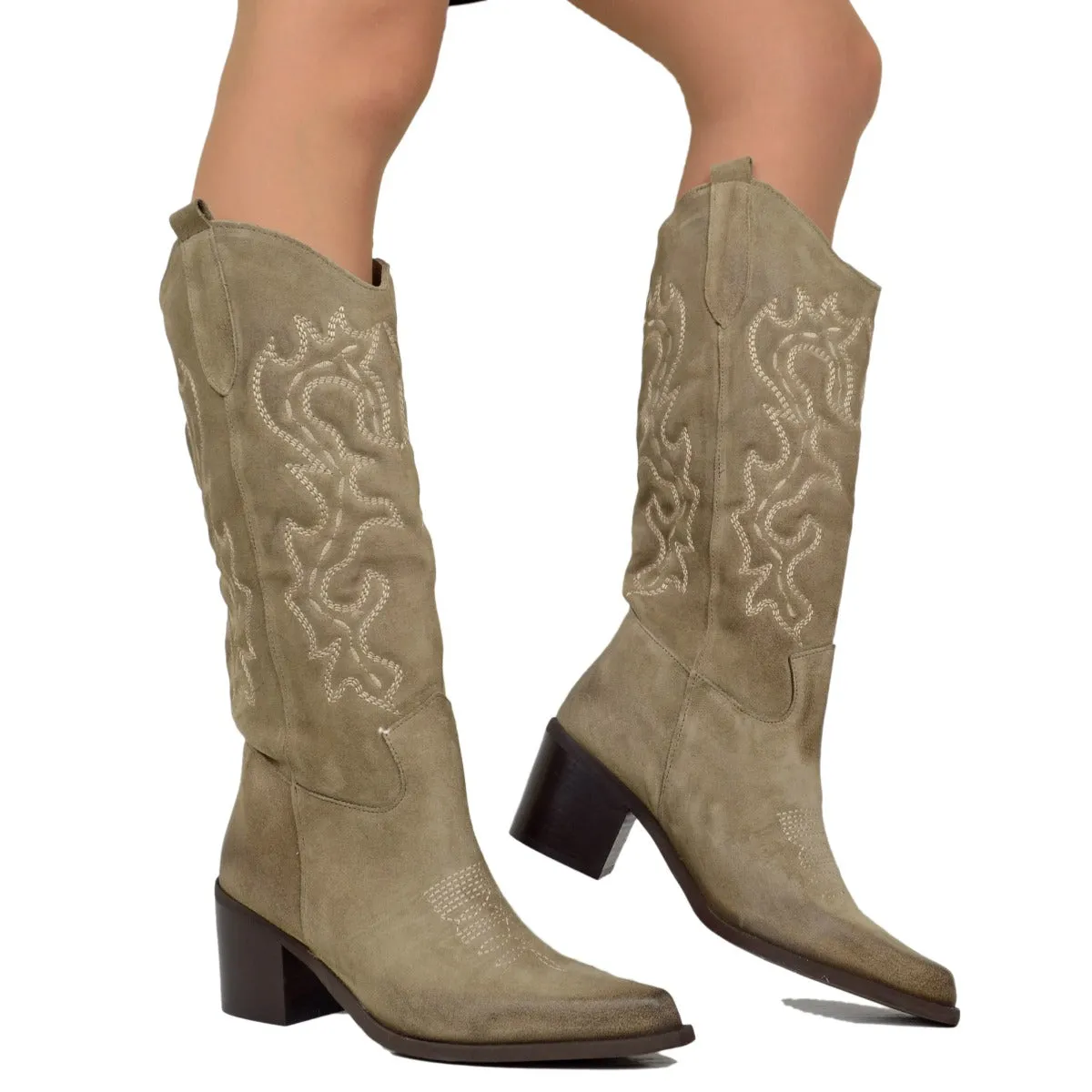 Stivali Texani Donna Taupe in Pelle Scamosciata Tacco Largo