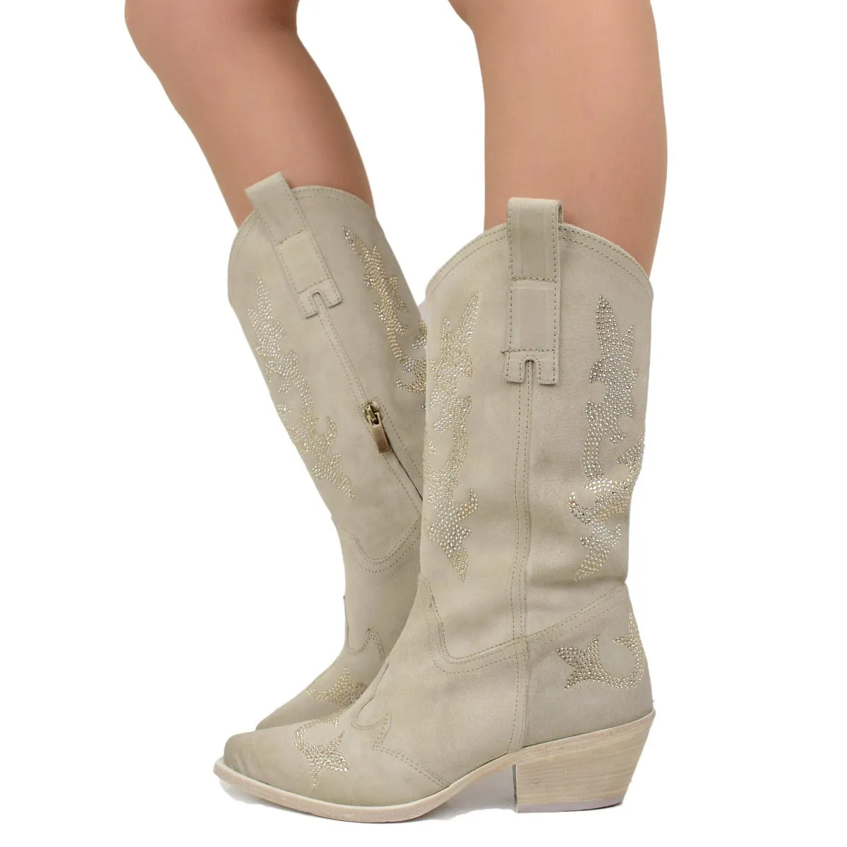 Stivali Texani Eleganti con Strass in Pelle Scamosciata Beige
