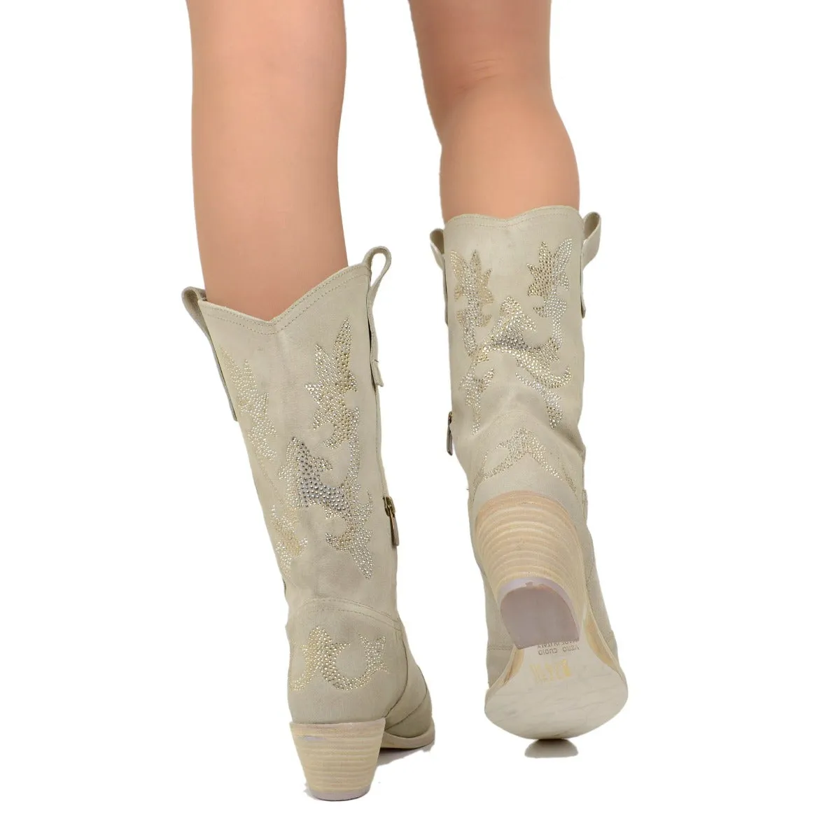 Stivali Texani Eleganti con Strass in Pelle Scamosciata Beige