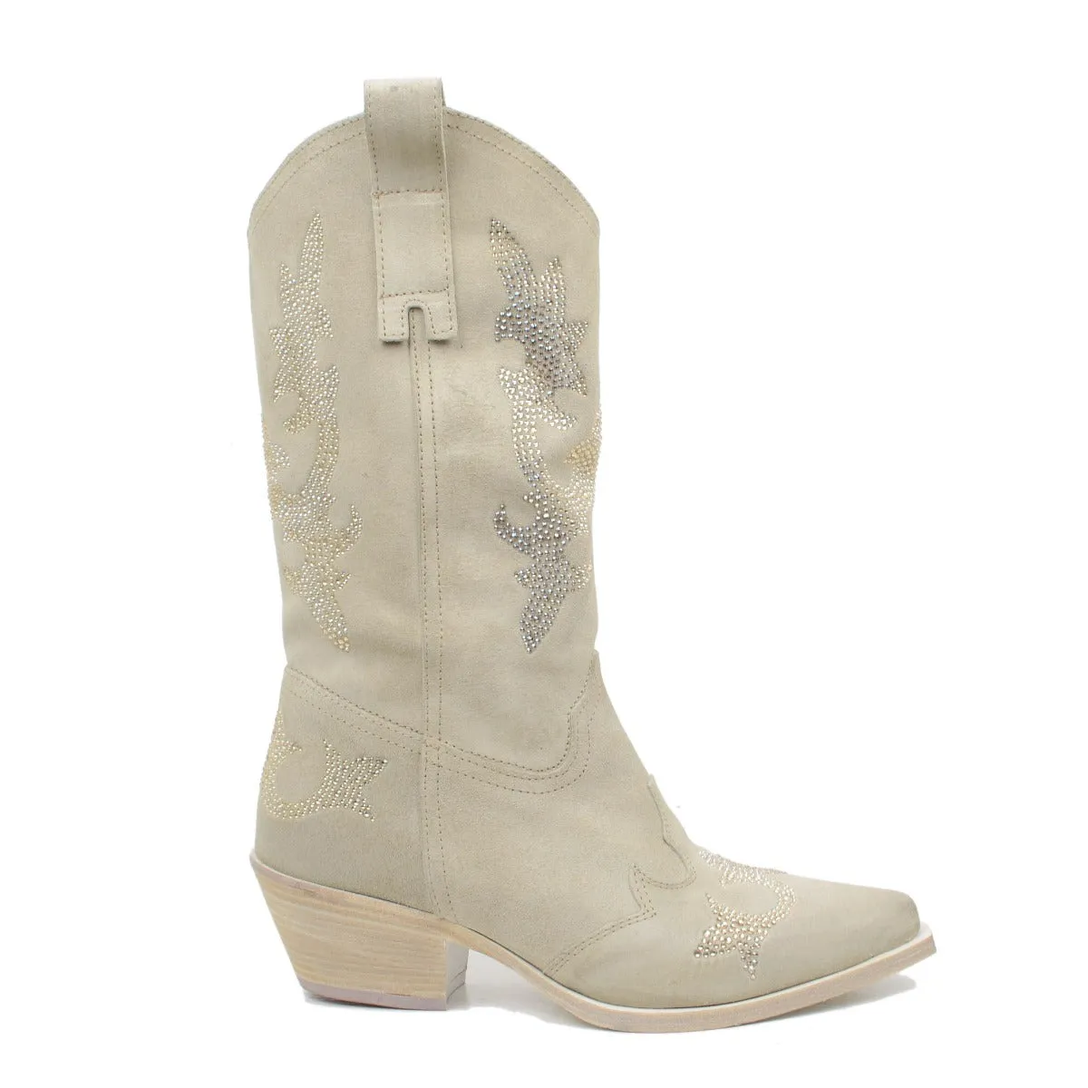 Stivali Texani Eleganti con Strass in Pelle Scamosciata Beige