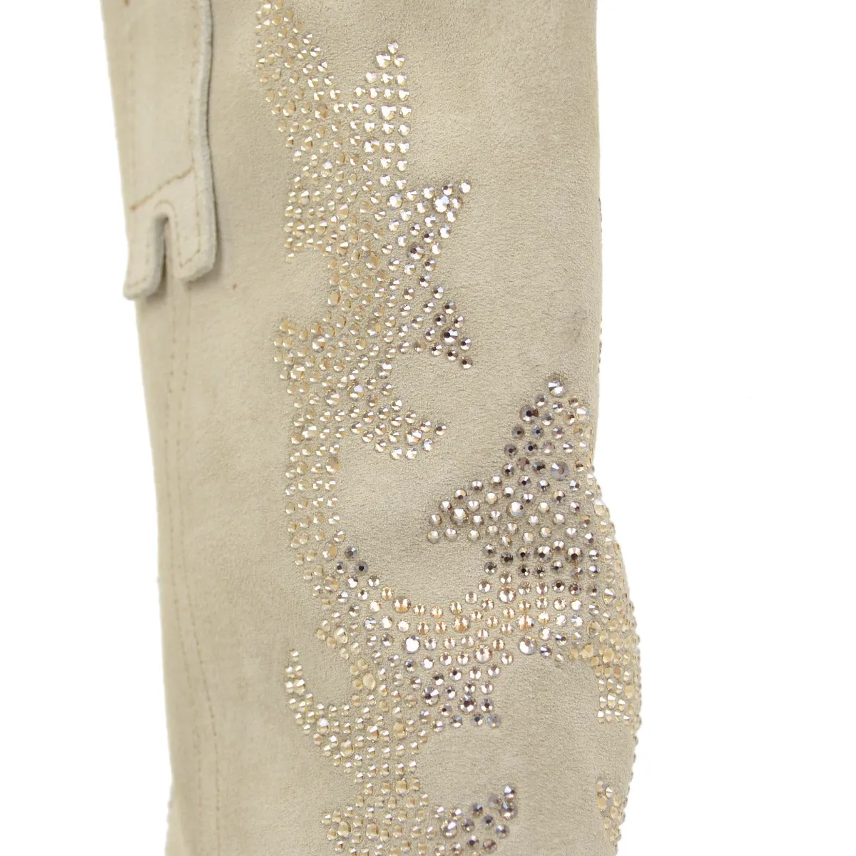 Stivali Texani Eleganti con Strass in Pelle Scamosciata Beige