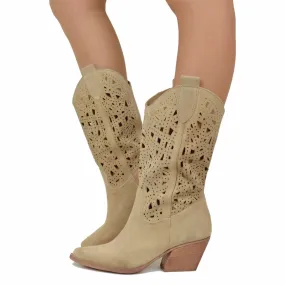 Stivali Texani Estivi Traforati in Pelle Scamosciata Beige