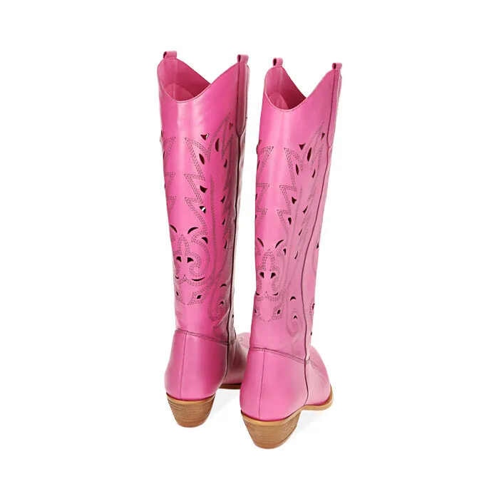 Stivali texani fucsia in pelle, tacco 5,5 cm