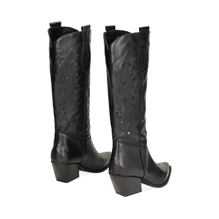 Stivali texani in pelle neri, tacco 7 cm