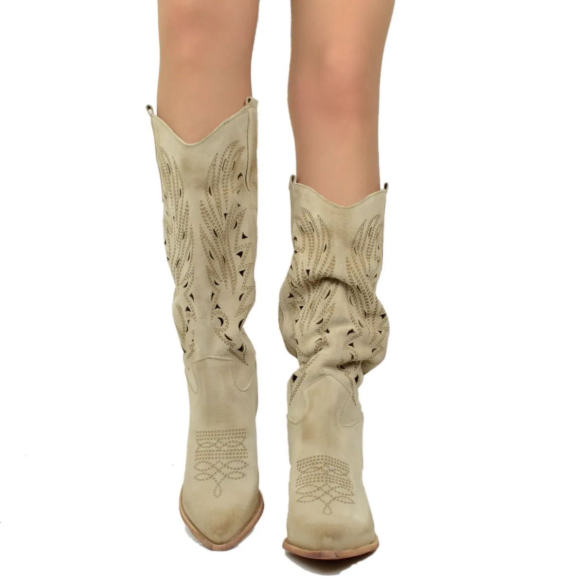 Stivali Texani Traforati Estivi in Pelle Scamosciata Beige