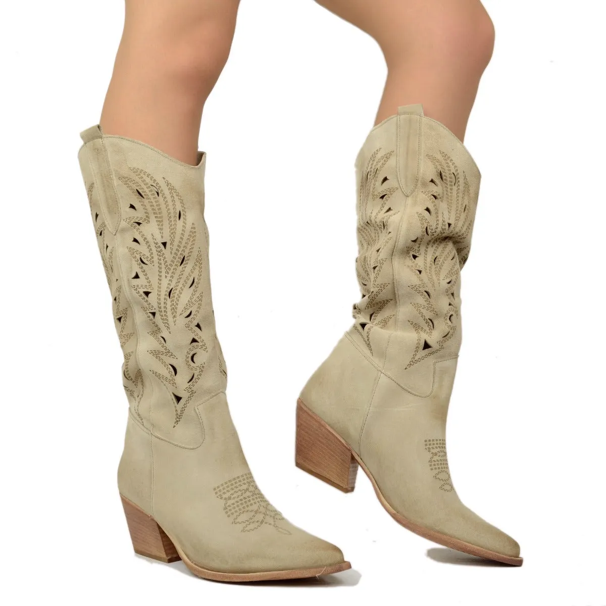 Stivali Texani Traforati Estivi in Pelle Scamosciata Beige