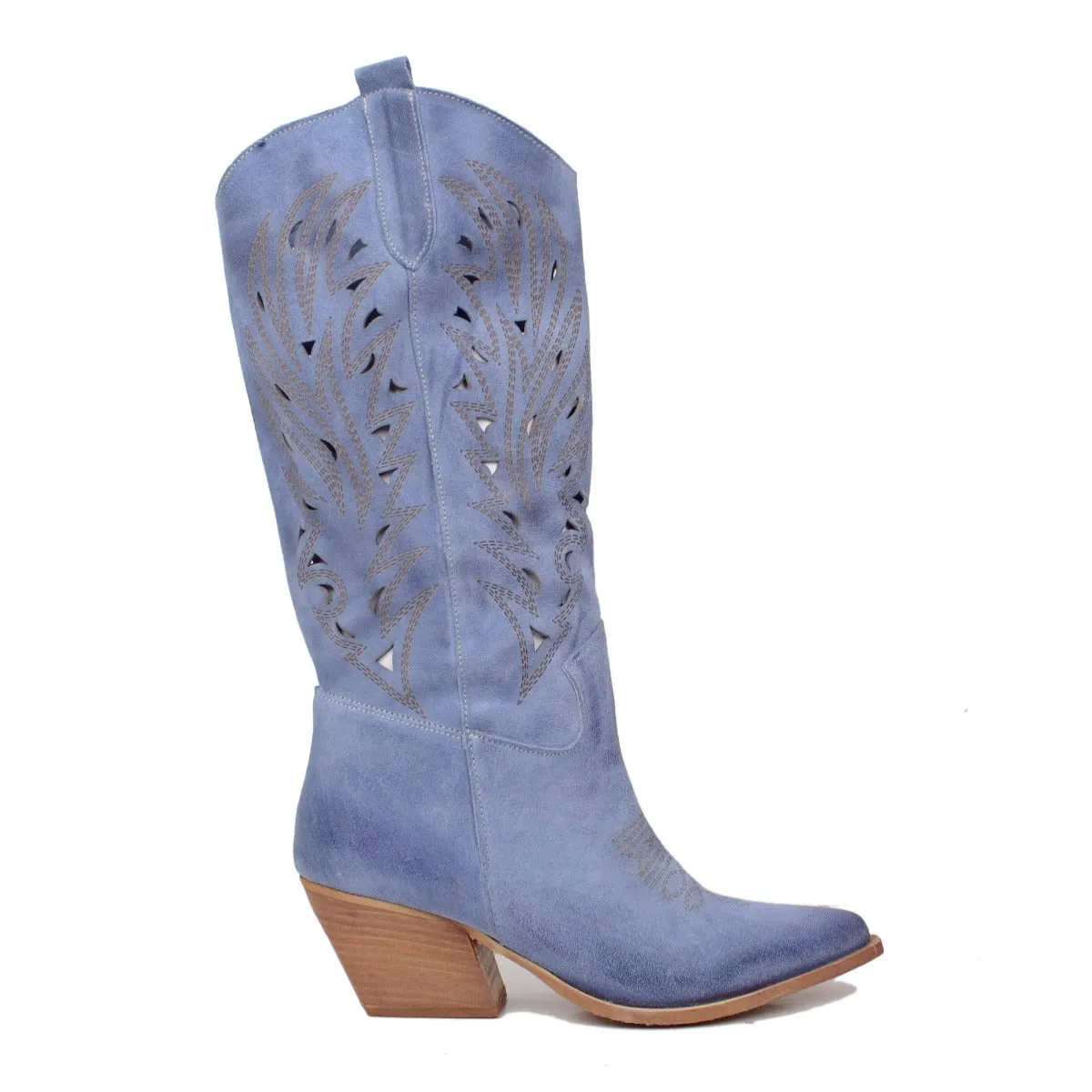 Stivali Texani Traforati Estivi in Pelle Scamosciata Jeans