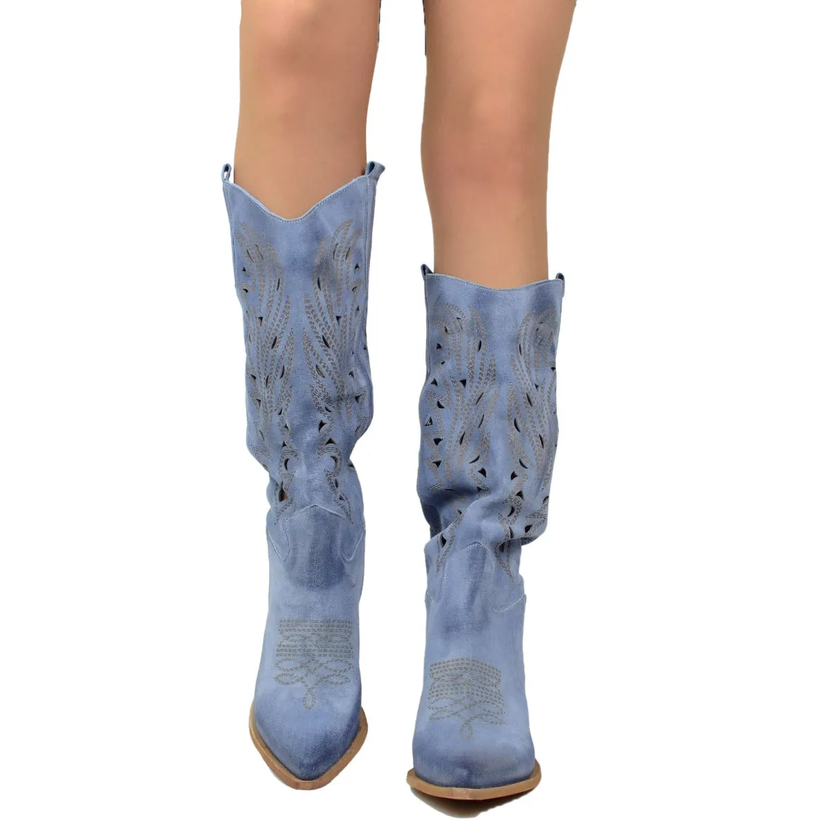 Stivali Texani Traforati Estivi in Pelle Scamosciata Jeans
