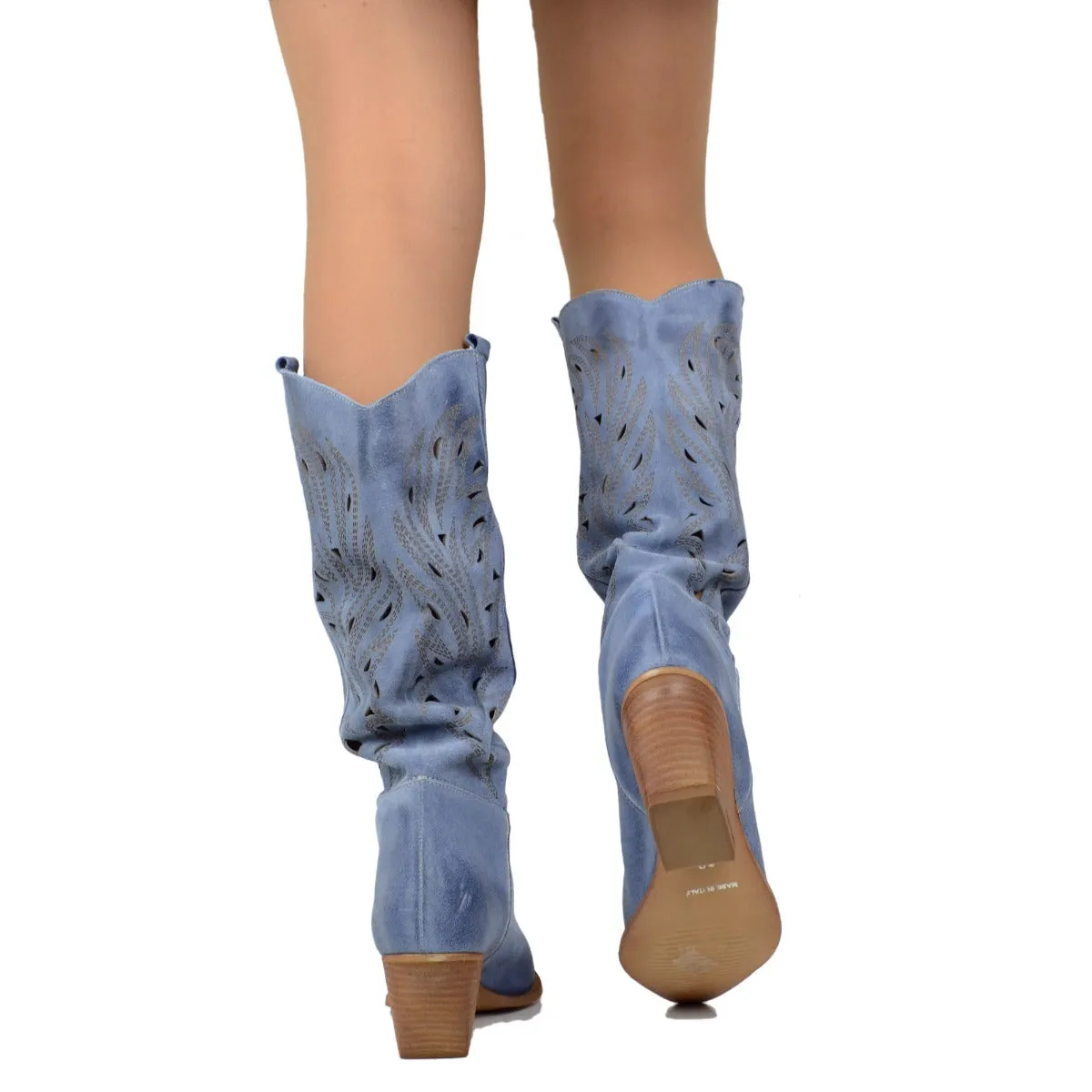 Stivali Texani Traforati Estivi in Pelle Scamosciata Jeans