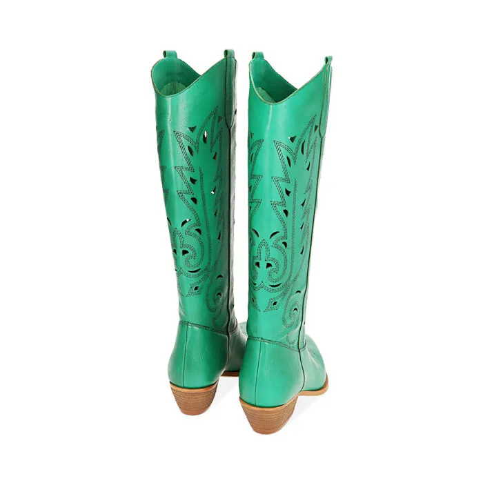 Stivali texani verdi in pelle, tacco 5,5 cm