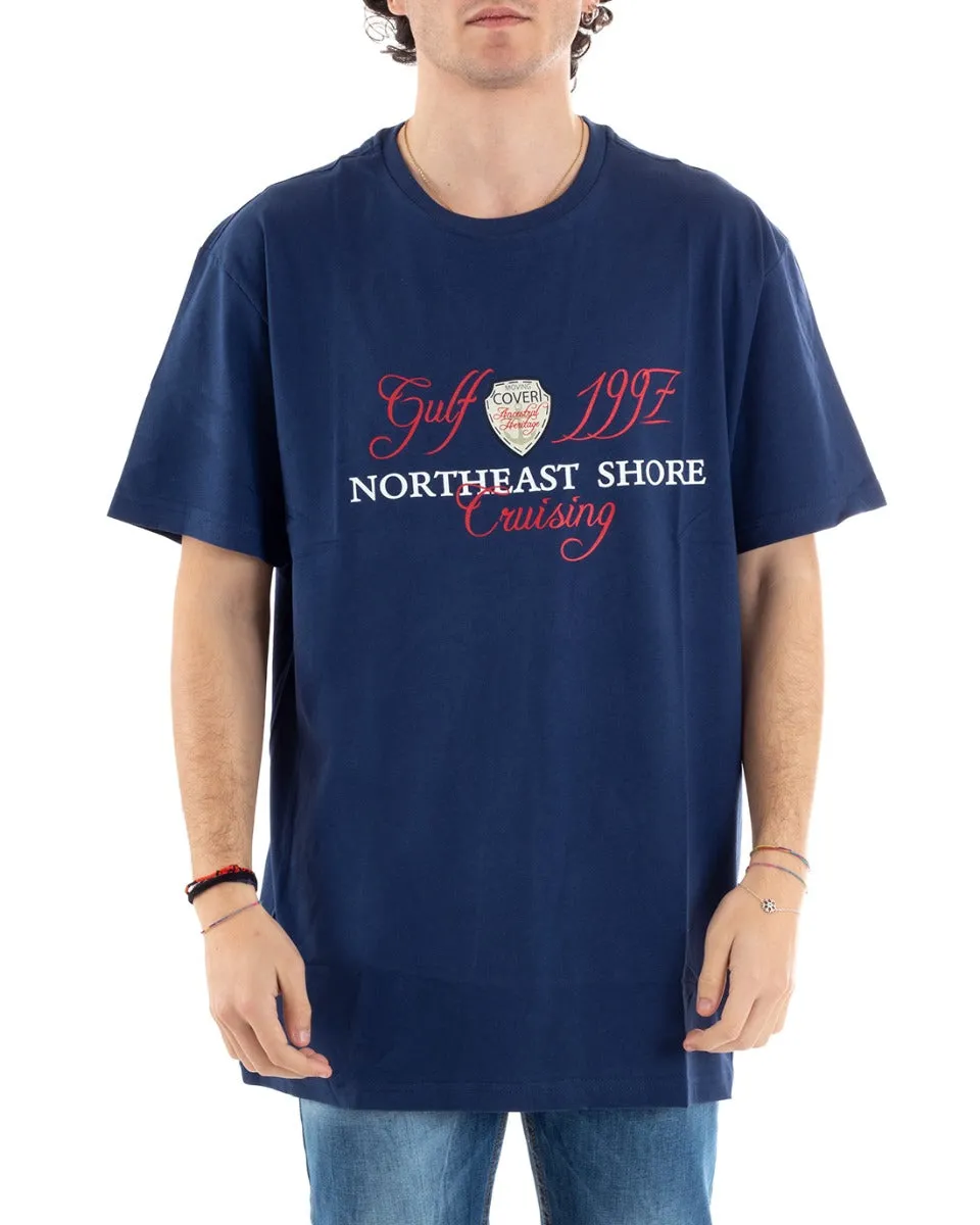 T-Shirt Uomo Blu Coveri Stampa Scritta Girocollo Mezza Manica GIOSAL-TS2851A