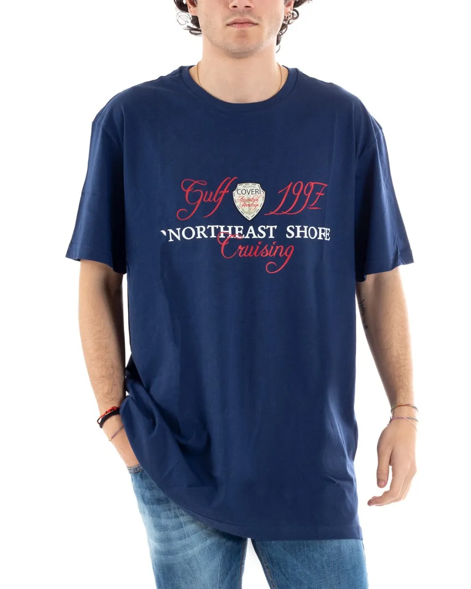 T-Shirt Uomo Blu Coveri Stampa Scritta Girocollo Mezza Manica GIOSAL-TS2851A