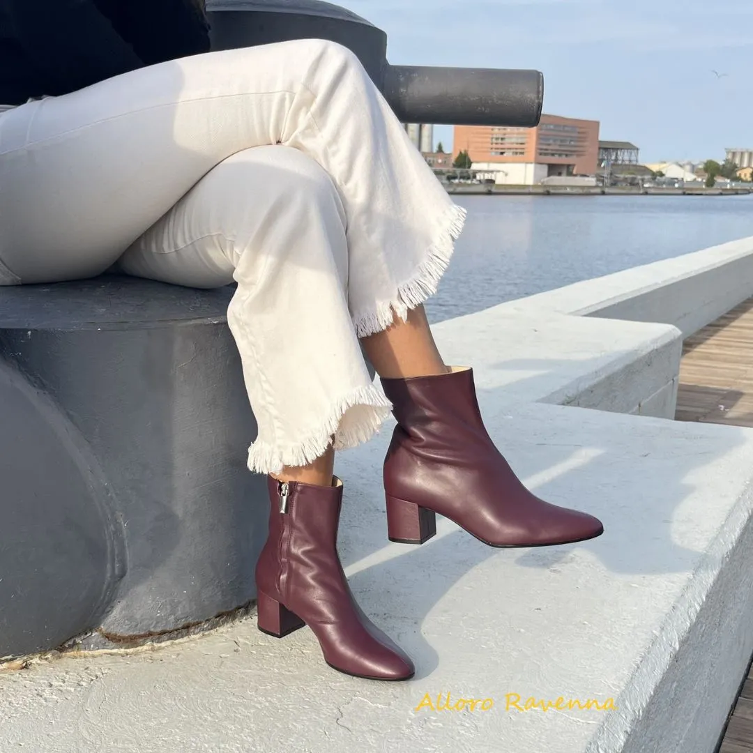 Tronchetti in vera pelle bordeaux tacco largo