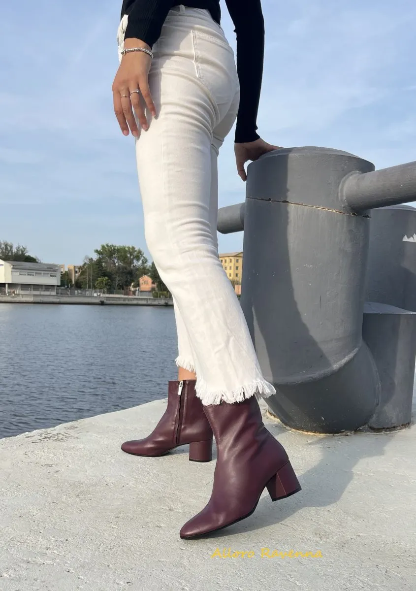 Tronchetti in vera pelle bordeaux tacco largo