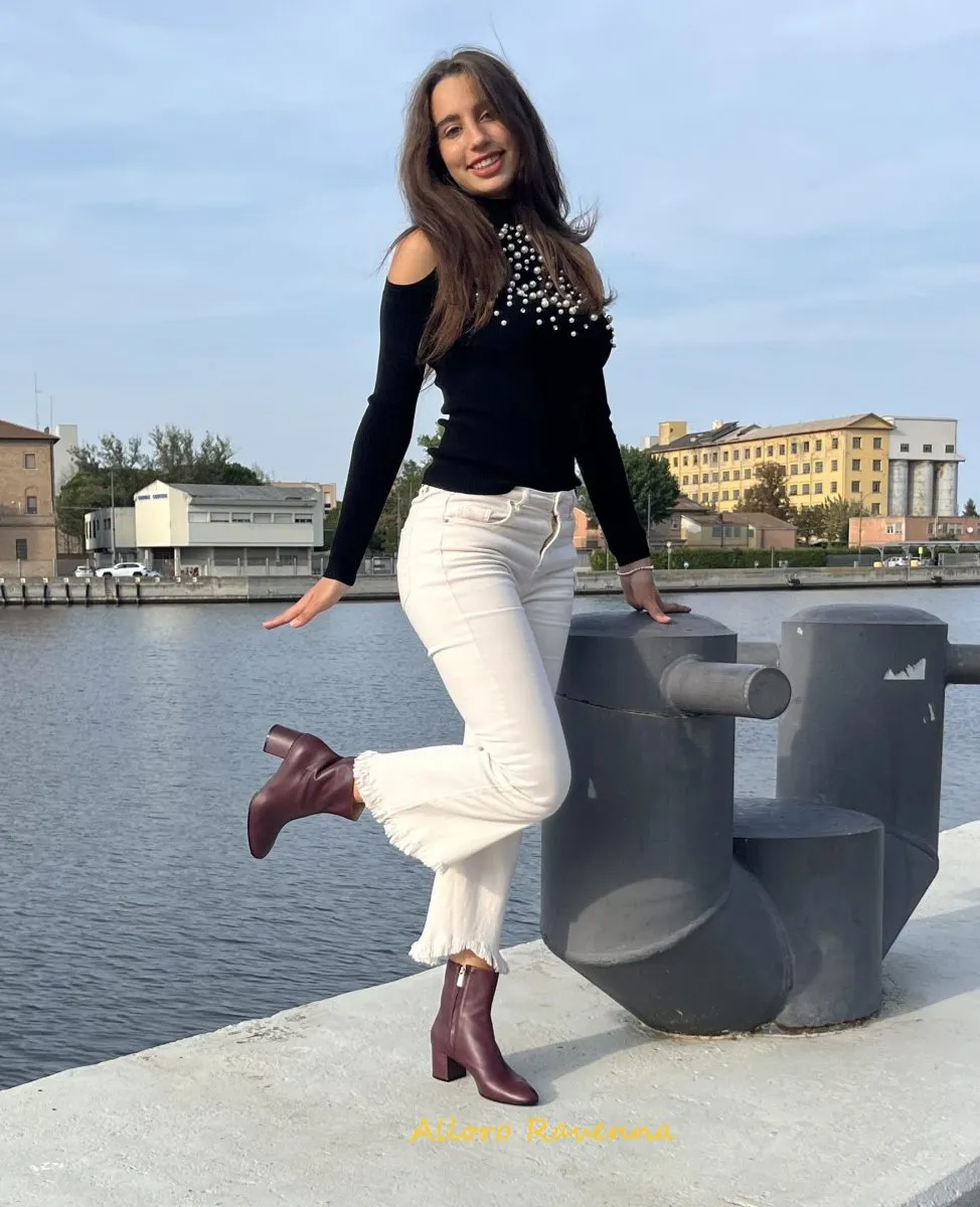 Tronchetti in vera pelle bordeaux tacco largo