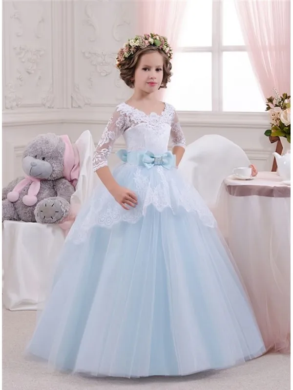 Vestito da Comunione A-line con fiocco e gonna celeste