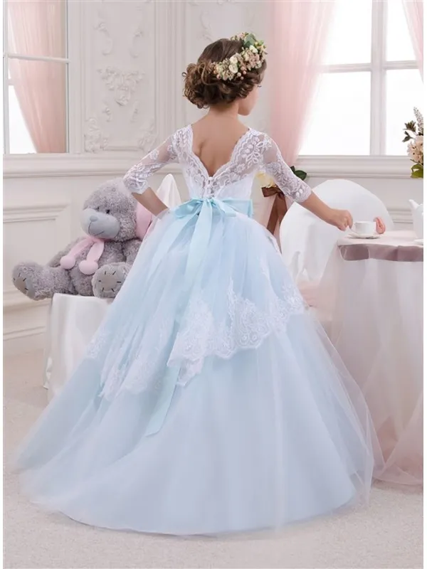 Vestito da Comunione A-line con fiocco e gonna celeste