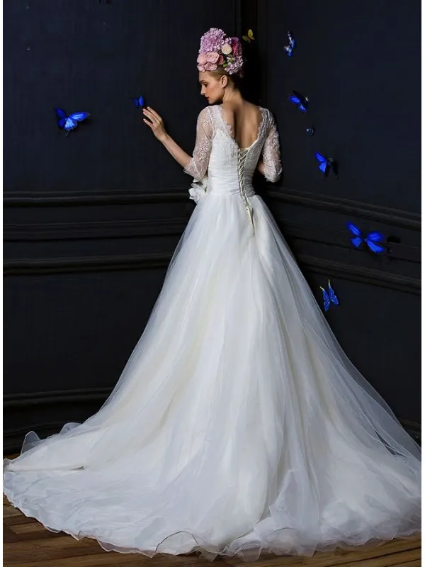 Vestito da Sposa Avvitato Online con gonna svasata scampanata in tulle e fiori