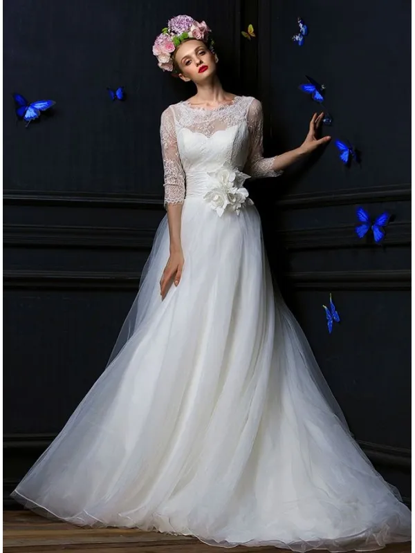 Vestito da Sposa Avvitato Online con gonna svasata scampanata in tulle e fiori